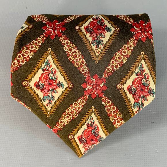 VALENTINO Brown Red Beige Framed Floral Silk Tie - Picture 1 of 5